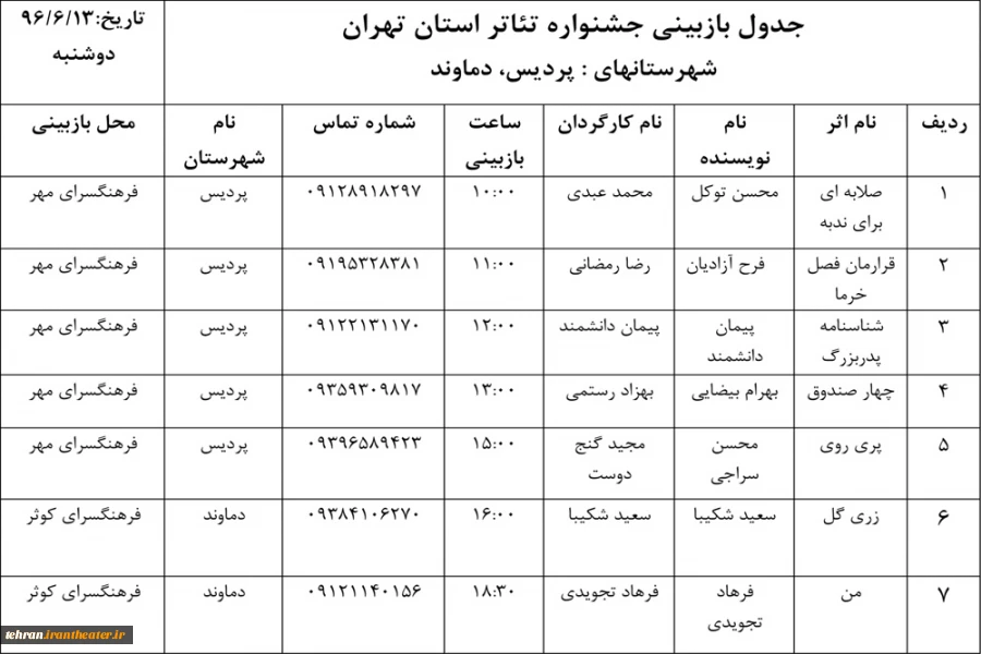 جدول بازبینی پردیس و دماوند