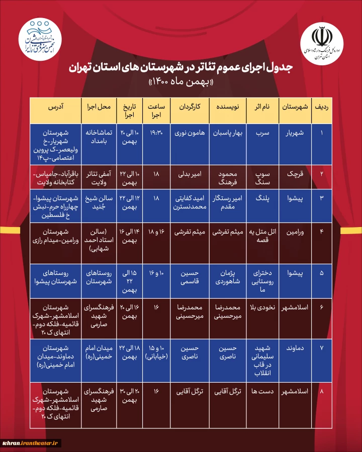 جدول اجراهای عمومی تئاتر در بهمن ماه 1400 منتشر شد 2