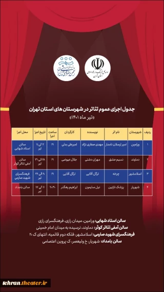 از سوی انجمن هنرهای نمایشی استان منتشر شد

جدول اجرای عمومی تئاتر در شهرستان‌های تهران در تیرماه